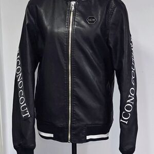 Mens ICM Icono Couture Zip Up Jacket Black Bomber Style White Letter Branding